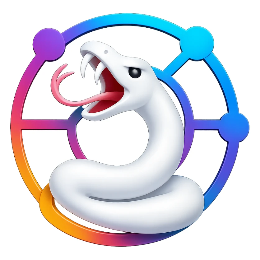 Transform the image into a 3D, colorful logo featuring an abstract white snake in a circular network pattern. Use vibrant colors and make it shiny and dimensional, inspired by the reference image. sticker