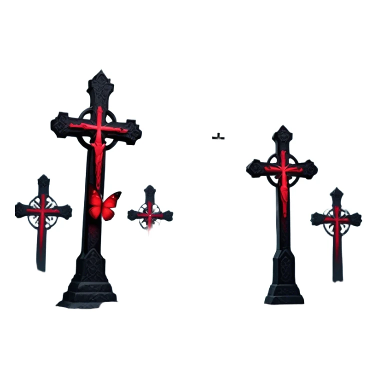 A mesmerizing scene where vibrant crimson butterflies dominate the foreground, their delicate wings glowing against the dark, misty background of shadowy Gothic crosses. The contrast between life and the eerie stillness of the crosses creates a haunting yet beautiful atmosphere. sticker