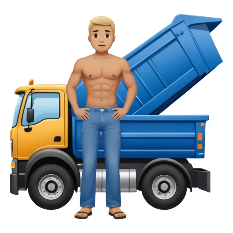 Man with blue Jean style speedo standing in front of a dump truck  sticker