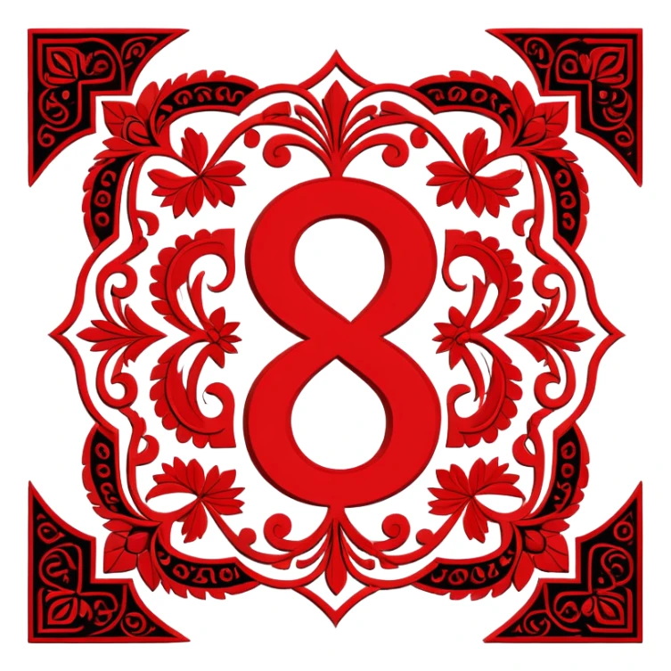Russian ruble currency symbol (₽) decorated with traditional Udmurt folk patterns, geometric ornaments in red and black colors, symmetrical design sticker
