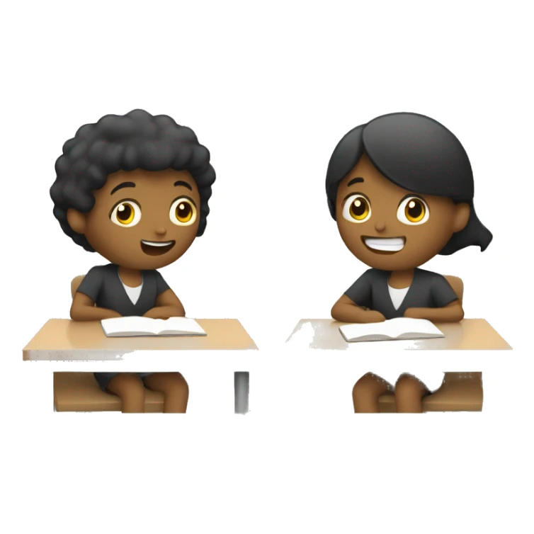 2 students sitting at desks and speaking to each other. sticker