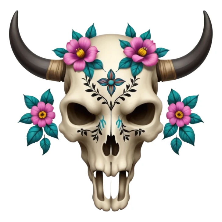 Aesthetic tattooed bull skull cranium with flowers, black painted pattern markings  sticker