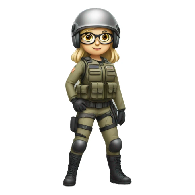 girl, 30 year, blondish/greyish, helmet, glasses with small frame, full body, army, ready to fight, with dog sticker