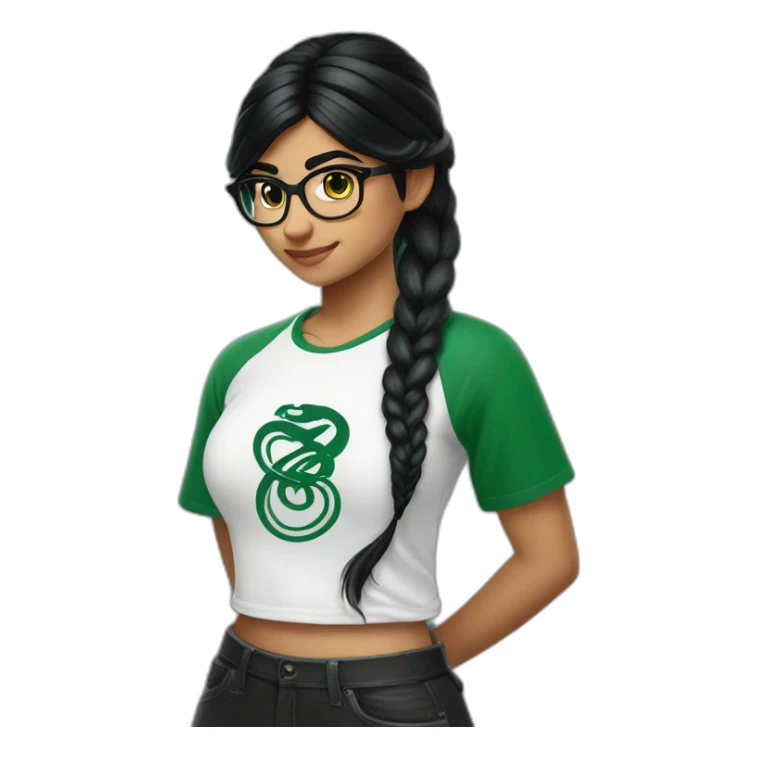 Mia Khalifa black braid white tshirt green sleeves slytherin emblem sticker