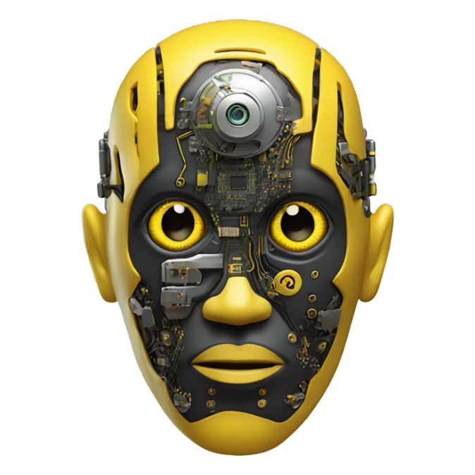 black and yellow cyborg head with circuitry, one artificial eyeball, and yellow goatee sticker