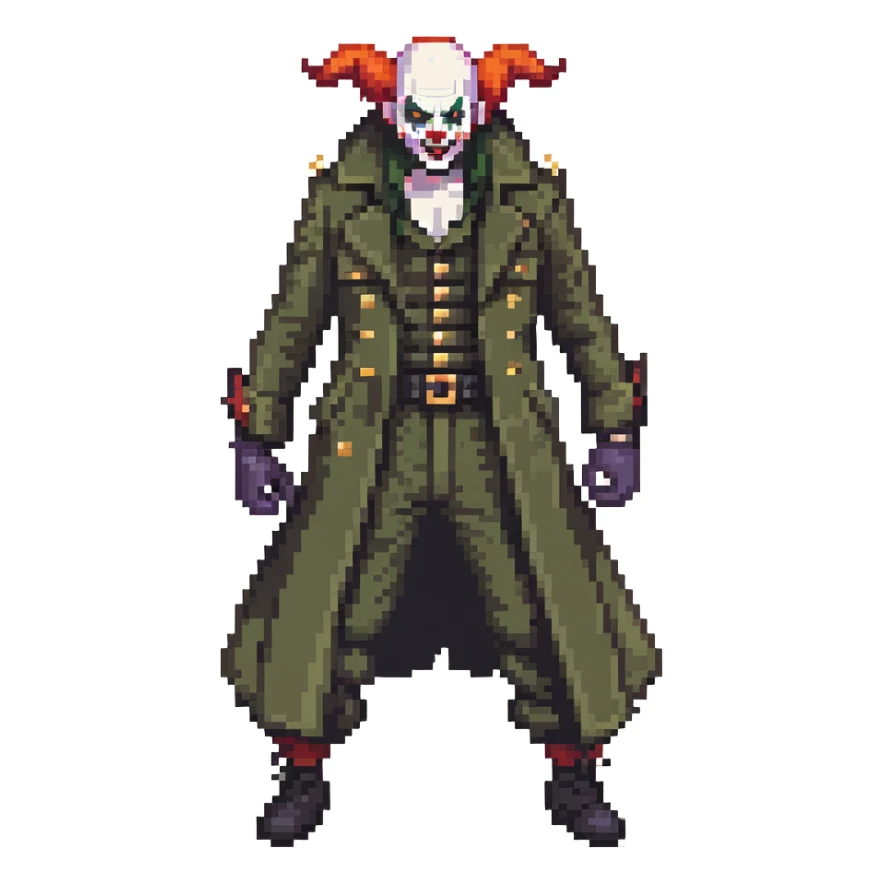 evil clown soldier, bald, small black satan horns on forehead, fangs, pointed ears, eye patch over one eye, long coat over black and military green clothes with bellbottom pants, realistically proportioned, less bulky, full body, fighting stance sticker