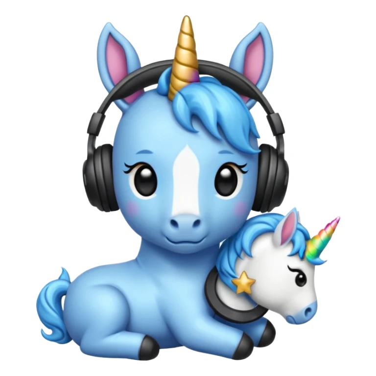 Unicornio bebé azul sentado escuchando música con auriculares negros sticker