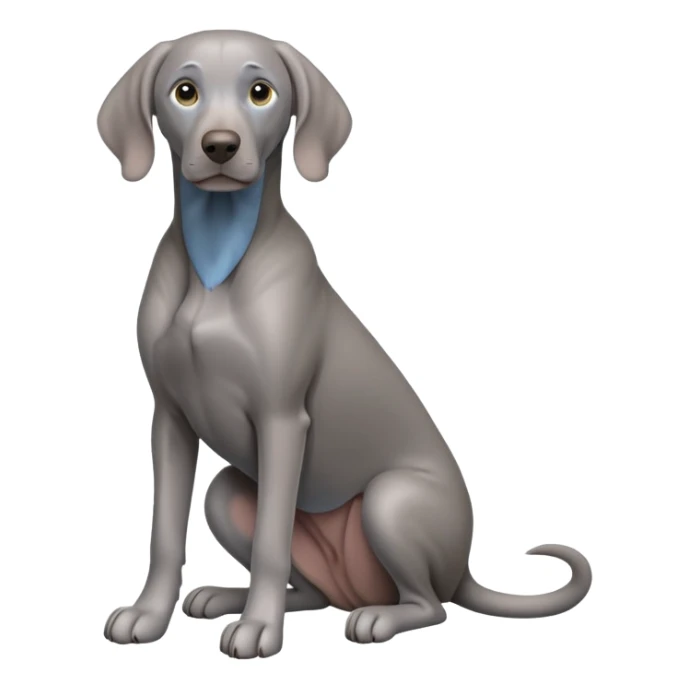 cinematic-[weimaraner]-realistic-full-body-sitting-emoji,-tail-resting-loosely-beside-its-paws,-head-tilted-dramatically, -sleek-[grey blue]-fur,-simplified-yet-realistic-focused-features,-highly-detailed,-glowing-with-an-almost-sarcastic-glow sticker