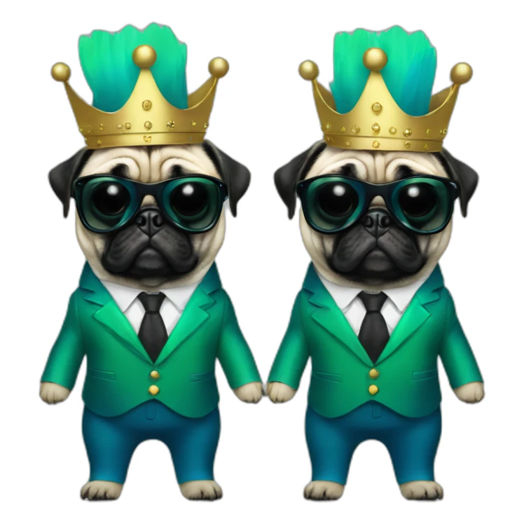 dog pug-in-gradient-green-blue-suit-with-and-black-sunglasses-standing-with-black-shoes with crown sticker