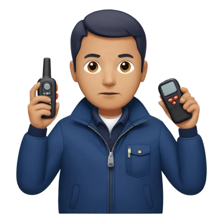 Security, Middle-aged, wearing navy blue jacket, serious facial expression, holding walkie-talkie, full body sticker