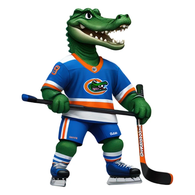 A gator playing hockey with a epic gators tv jersey and a visor sticker