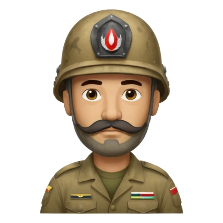 tired Iraqi military, in a helmet, with a moustache and beard sticker