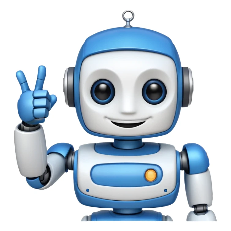A blue and white robot smiling and winking with one eye, making a thumbs-up sign with one hand. sticker