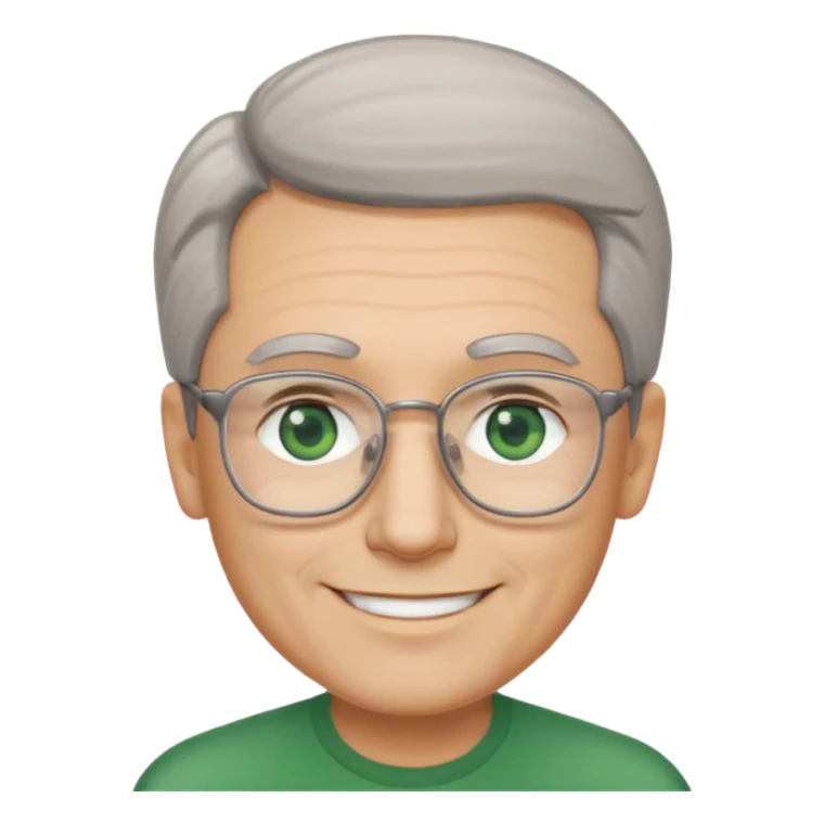 Man with receding hair, grey hair only on the sides, green eyes, rectangular reading glasses, rounded clear face, with a smile sticker