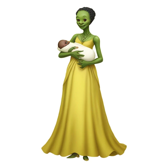  Reptilian alien woman smiling, full body, in victorian jellow elegant dress, holds a newborn white humman baby sticker