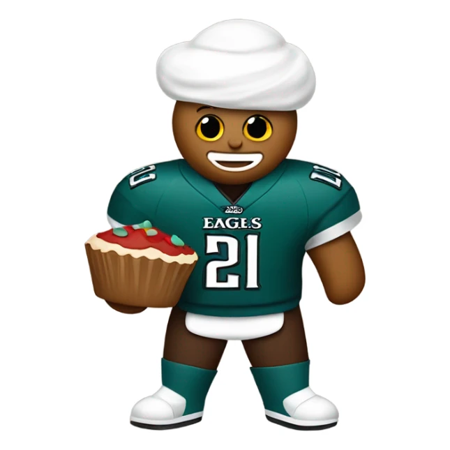 Gingerbread man making cupcakes wearing an eagles jersey sticker
