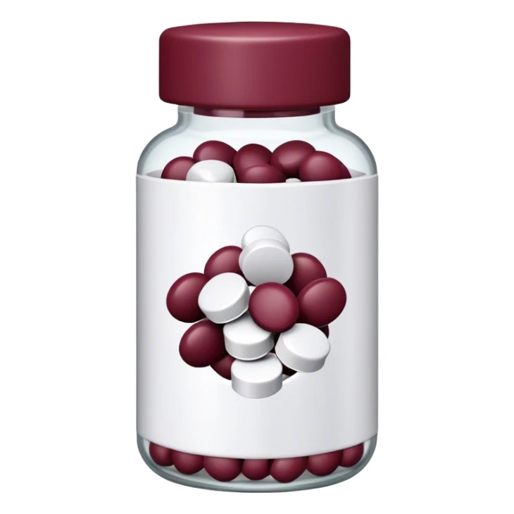 Burgundy pill bottle top with white pills inside sticker