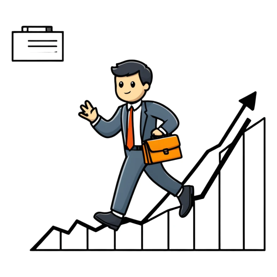 Happy entrepreneur climbing up a business chart graph with briefcase sticker