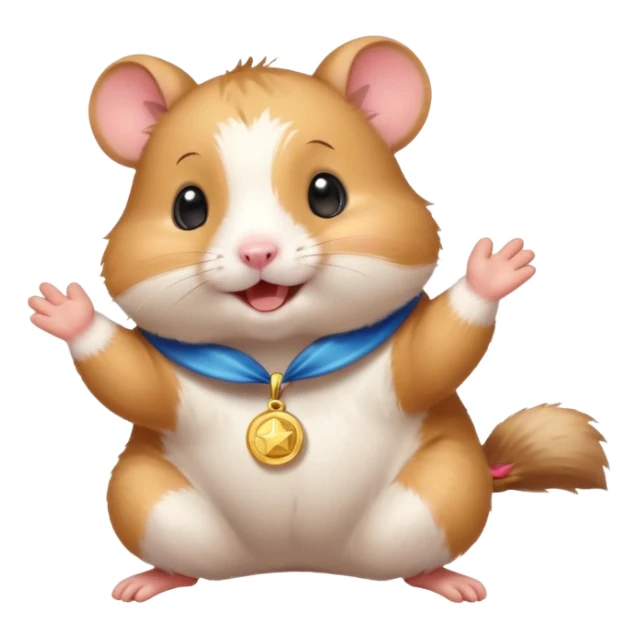 Cute cartoon-style hamster throwing confetti, holding a tiny medal, joyful expression. Painterly shading, white background, sticker-style illustration sticker
