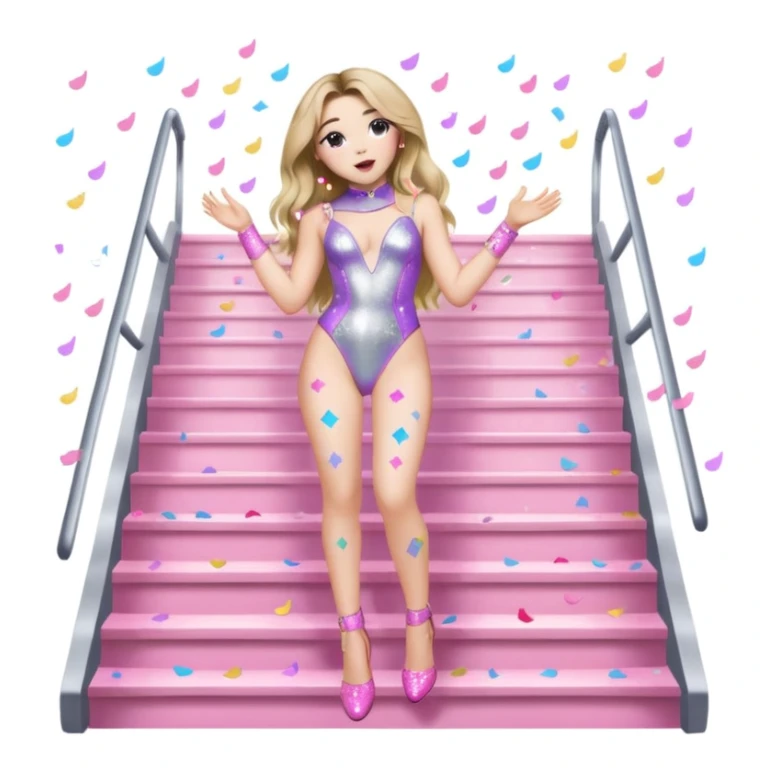 Sabrina carpenter singing at a concert wearing a silver bodysuit with kiss marks all over it  pink sparkle heels.  stage setting is very lit up with white stairs and confetti  sticker