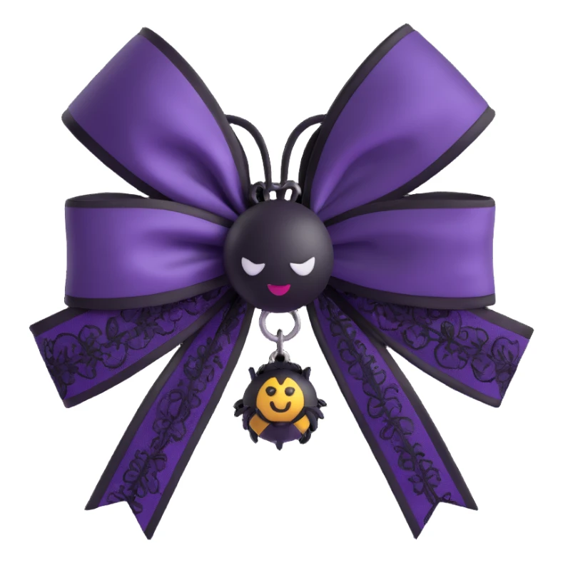 3D emoji gothic bow, dark plum satin, black lace trim, silver spider charm, moody and elegant sticker