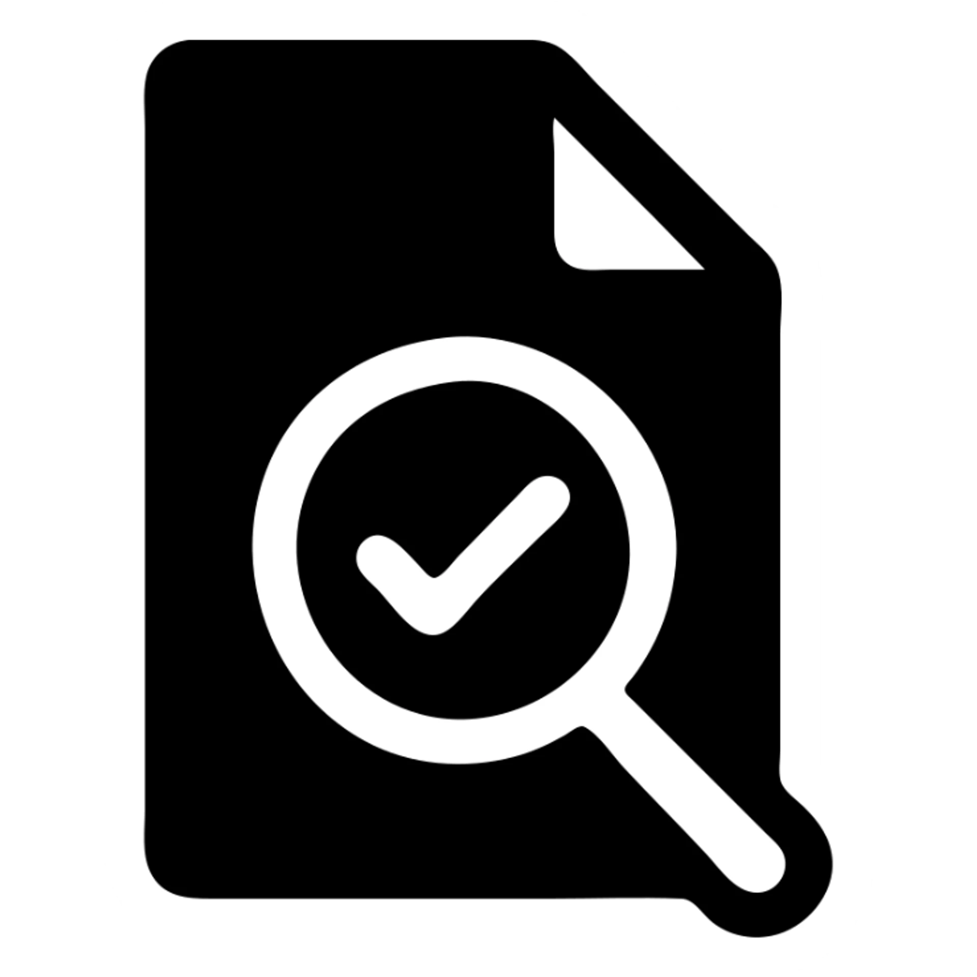 icon of a document with a magnifying glass and a checkmark, solid filled style, checkmark prominent sticker