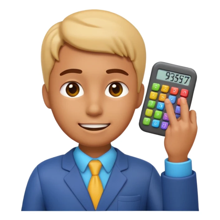3D iPhone style emoji of a person using a calculator, finger pressing colorful buttons, digital display showing numbers, isolated on white background, soft shadows, high detail, playful and cute. sticker