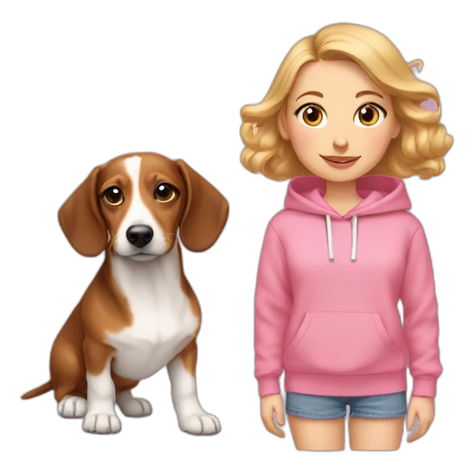 white girl with light eyes and dachshund puppy with pink oversized sweatshirt sticker