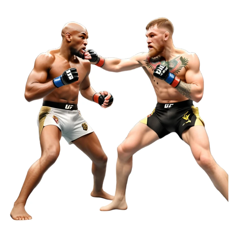 An MMA showdown between Conor McGregor and Anderson Silva in the octagon. McGregor is executing a powerful jumping strike, while Silva is expertly blocking the attack with his forearm. The background features the UFC octagon, fans in the distance, and dynamic action. Transparent background sticker
