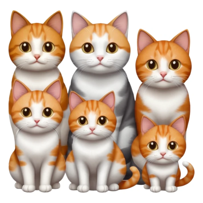 6 cats: 1 small ginger and white, 1 small brown tabby and white, 1 small grey and white, 1 big grey and white, 1 mostly grey with white paws and small white patch on chest and 1 calico sticker