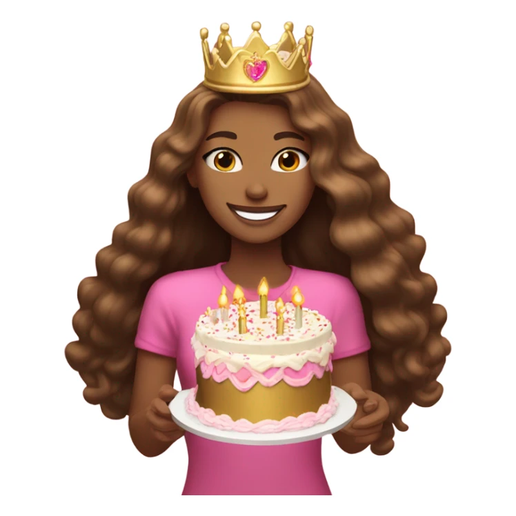 Beautiful long haired light skinned brunette with pink birthday cake and gold crown sticker
