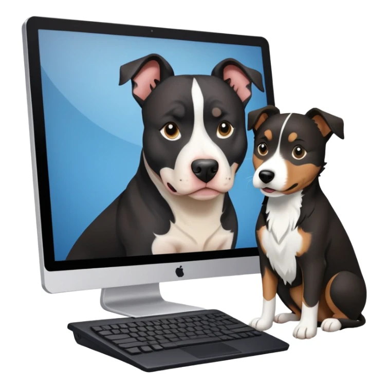 Black and white pitbull and black collie behind computer sticker