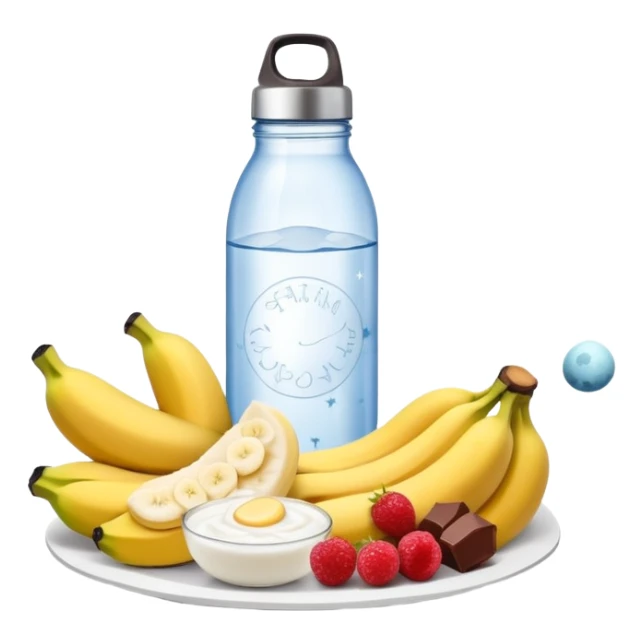 Mystical daily routine constellation: water bottle, sun, chicken plate, banana, gym weight, yogurt, fruits and chocolate, and moon symbols arranged like stars in a constellation pattern with glowing lines connecting them in sequence sticker