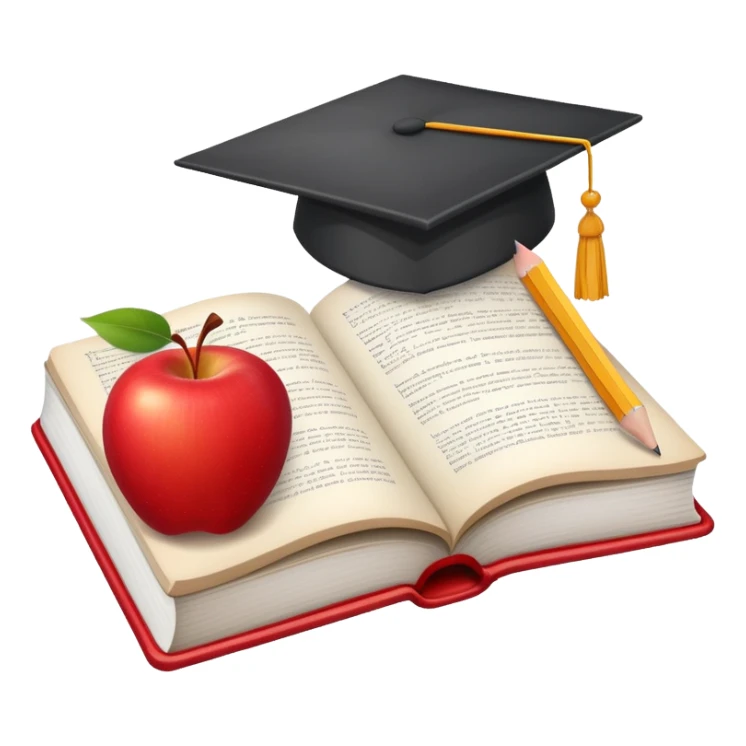 An icon featuring an open book, a pencil, and an apple, symbolizing education and pedagogy. The design includes a chalkboard with a lesson plan and a graduation cap, representing teaching and learning. Transparent background highlights the nurturing of knowledge and growth. sticker