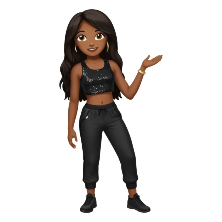 Aaliyah with black sequin crop top and pants, long dark brown hair sticker