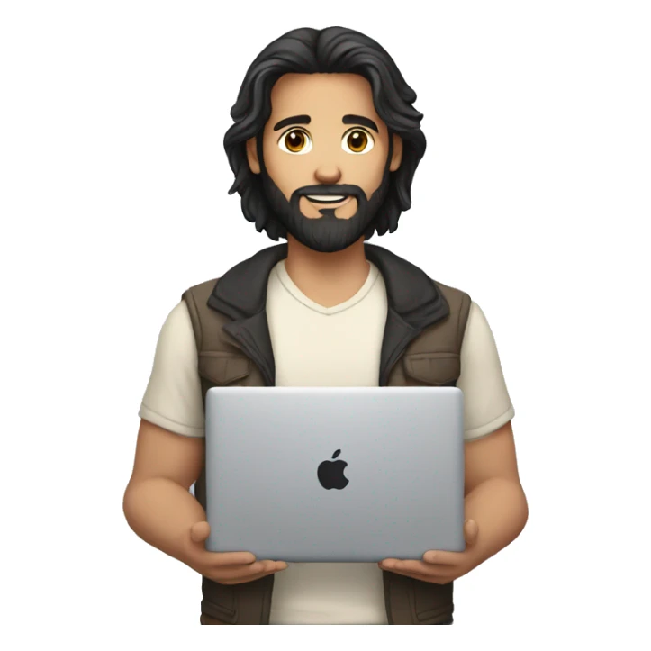 white young man with black beard an long hair and a macbook in her hand sticker
