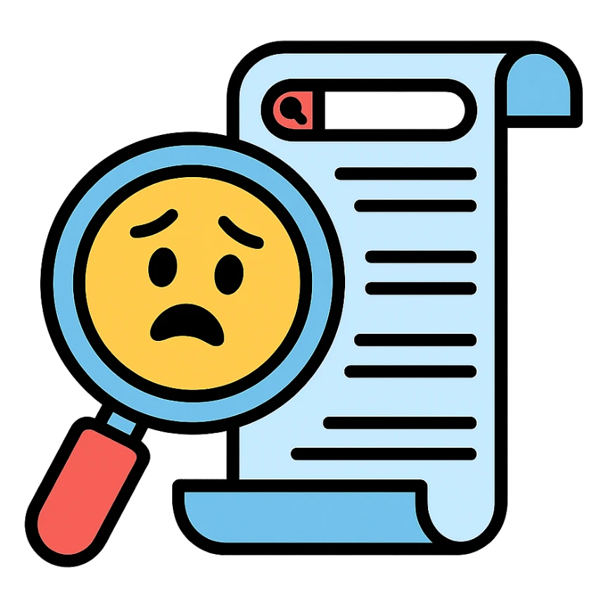humorous icon of a magnifying glass looking at a long, embarrassing search history list sticker