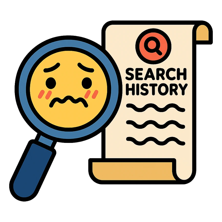 humorous icon of a magnifying glass looking at a long, embarrassing search history list sticker