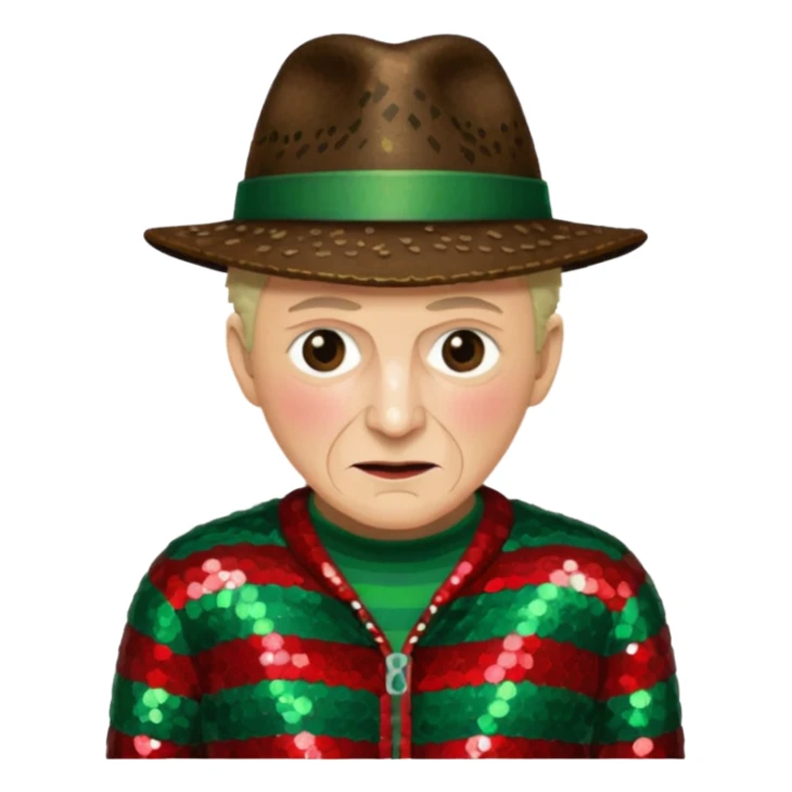 Freddy Krueger with red and green stripe sequin sweater, dark brown sequin jacket and hat sticker