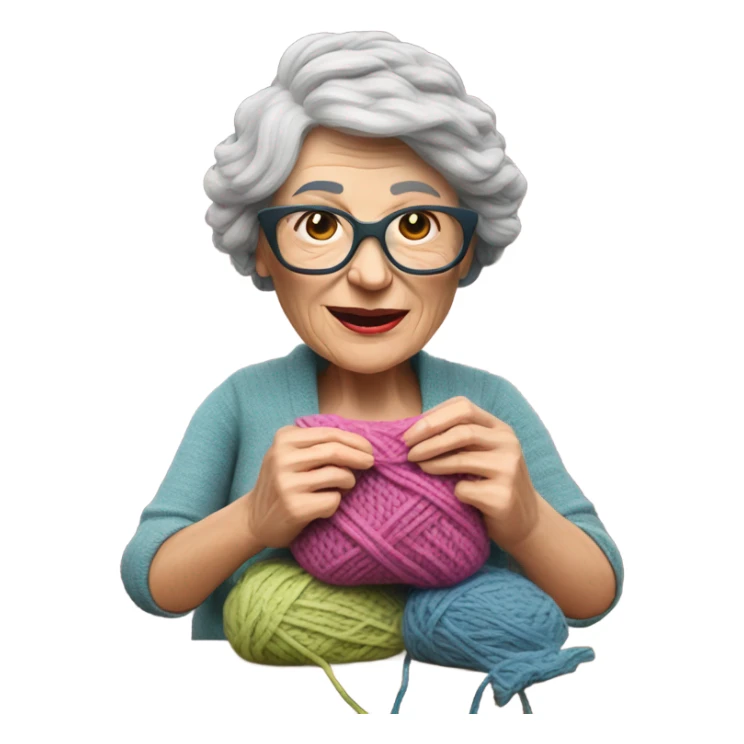 Create a 3d hyper realistic photo of a senior woman knitting  sticker