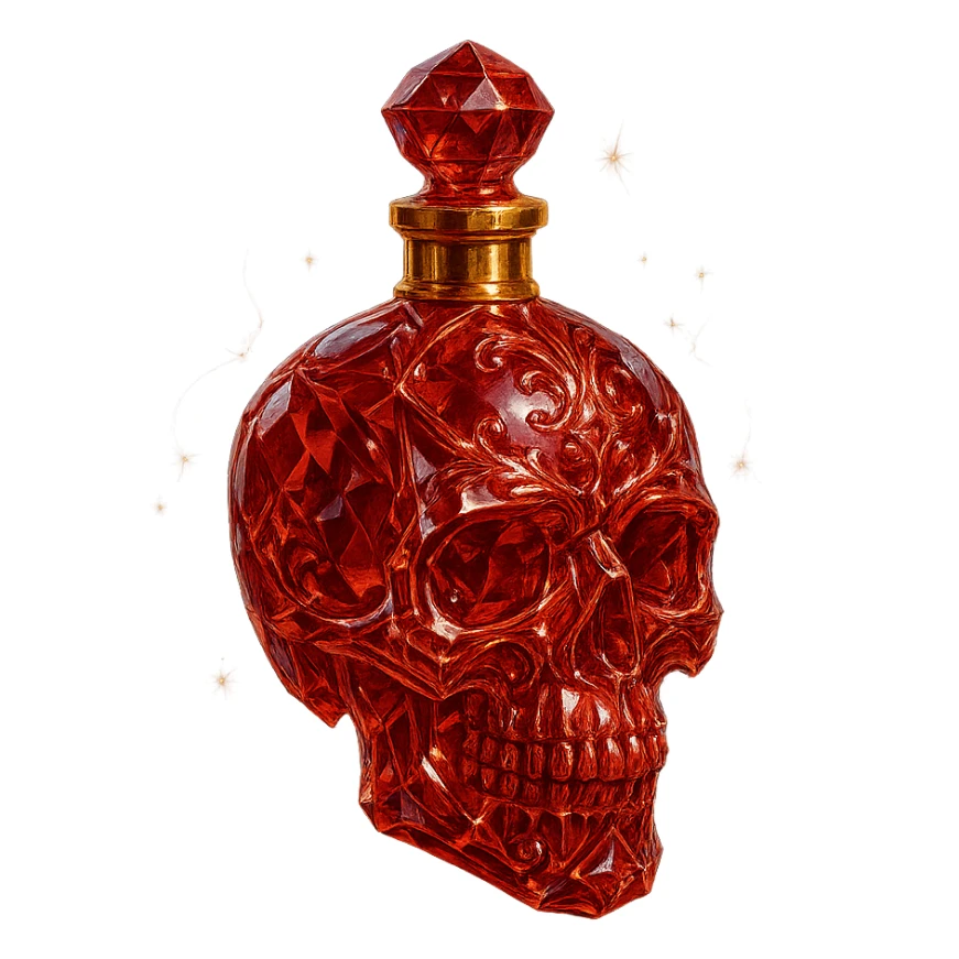 crystal luxurious skull-shaped elixir bottle, red, very small golden collar, lots of shine, edges, ornaments, golden details, magical effects, transparent background, clearly hanging in the air, no base or shadow, premium class, matching the collection sticker