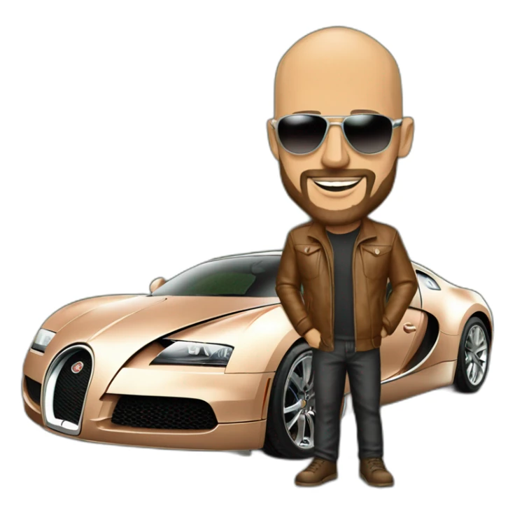 bald man wearing shades and has trimmed beard with normal colored skin standing next to a copper bugatti sticker