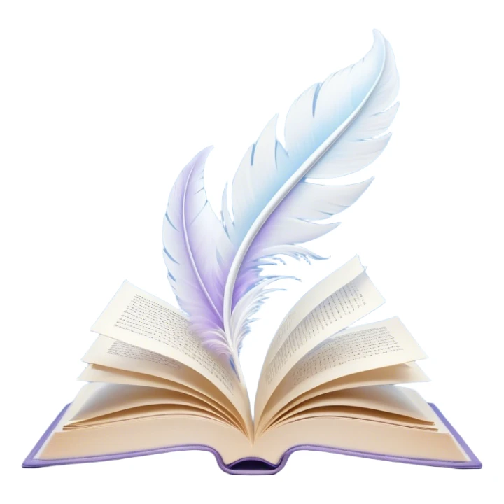 Create a delicate and poetic emoji representing poetry. The design should feature several elegantly flying pages with short poetic columns written on them. The pages should appear light and flowing, almost as if being carried by the wind. Include a white feather gently resting on the pages, symbolizing creativity and inspiration. Use soft, pastel tones like light blues, purples, and creams to give it a dreamy, artistic feel. The design should feel ethereal and whimsical, capturing the essence of poetry. Make the background transparent. sticker