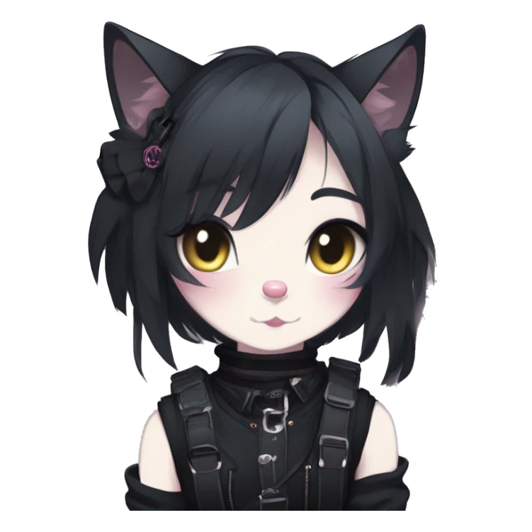 Gorgeous gothic dark techwear anime style anthro cat with blushing face aesthetic and pretty edgy black with collar and harness trending style sticker