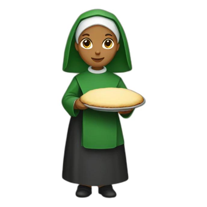 a nun wearing green holding a shepherd pie sticker