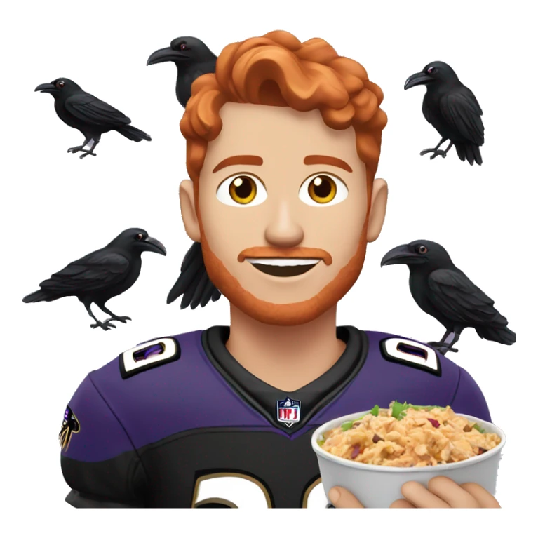 a red-haired young man wearing a ravens jersey and eating a chipotle burrito bowl sticker