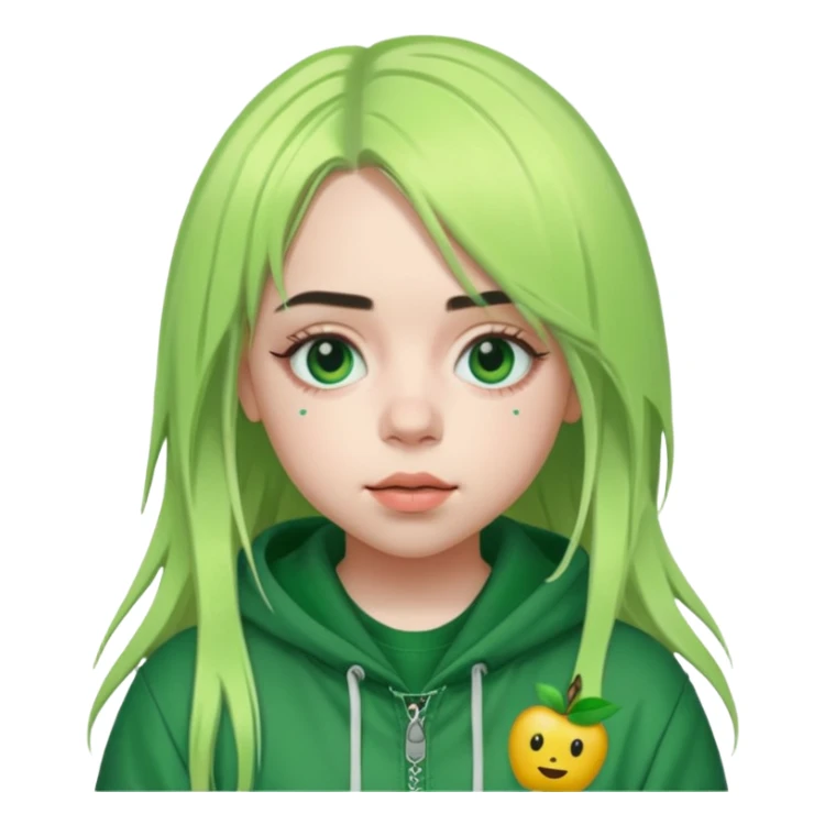 Billie Eilish with signature green roots, neutral face, pop music theme, Apple emoji style sticker
