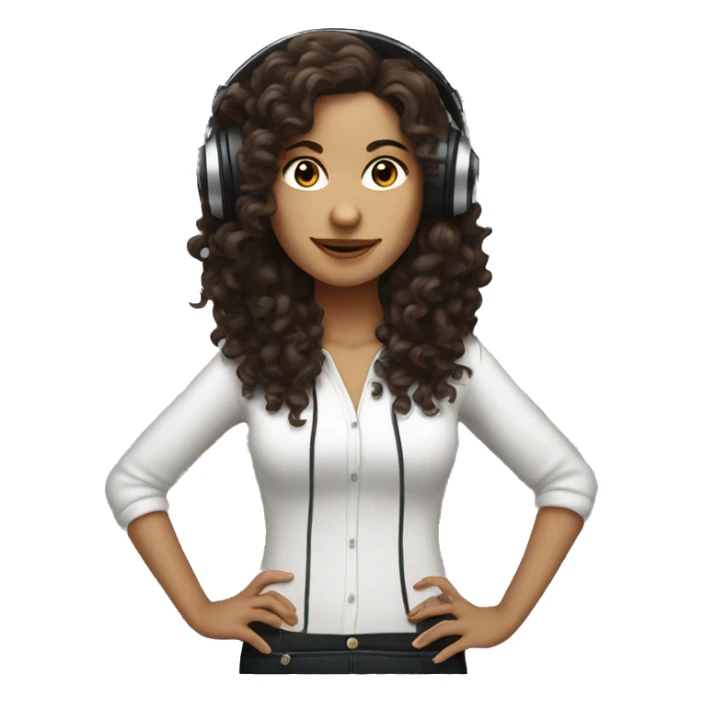 White woman with long dark brown curly hair DJing sticker