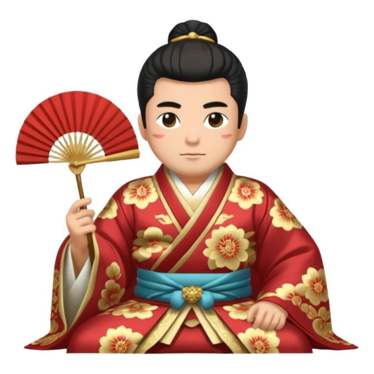 Wealthy warlord in ornate kimono, crest on chest, seated with fan in hand. sticker