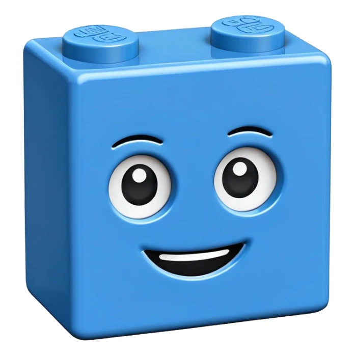 A single blue Lego-style brick with a cute smiling face sticker